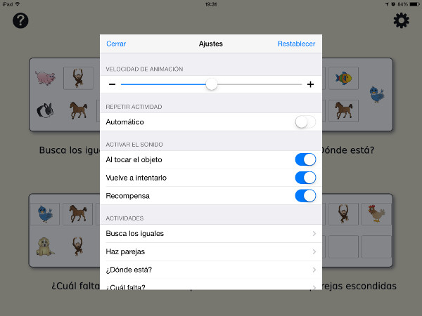 Opciones de configuración generales y acceso a la personalización específica de cada actividad.