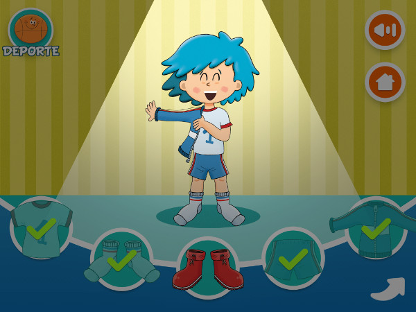 Ejemplo de animación al ponerse la chaqueta, el movimiento se acompaña de una locución que va narrando lo que hace el personaje "primero un brazo, después..."