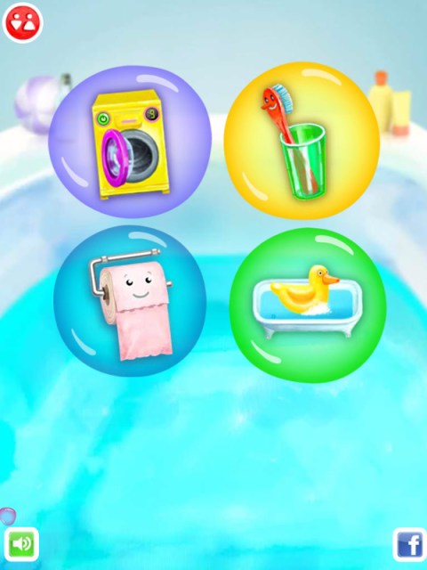 Pantalla en la que se selecciona la actividad con la que jugar: lavadora, lavabo, WC o bañera son los entornos ofertados.